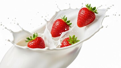 Fresh red strawberries splashing into a dynamic wave of white milk on a clean background. isolated on white background