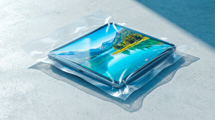 Photograph of a vacuum-packed tablet. Direct light.