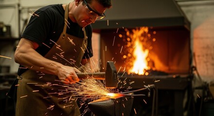 Young man blacksmith forging hot metal on anvil in workshop. Traditional craftsmanship working with hammer and fire for metal manufacturing process