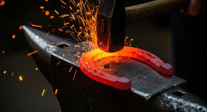 Hammer striking hot Horseshoe on an anvil. Traditional blacksmith forge work. Craftsmanship and metalworking concept - Powered by Adobe