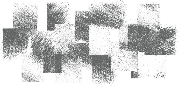 Abstract composition of overlapping rectangles with textured grey brush strokes and fine dot patterns creating a distressed and artistic background effect