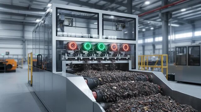 Medium shot of an optical automated ore sorter analyzing minerals with advanced camera sensors for precise and rapid separation in a modern mining facility.