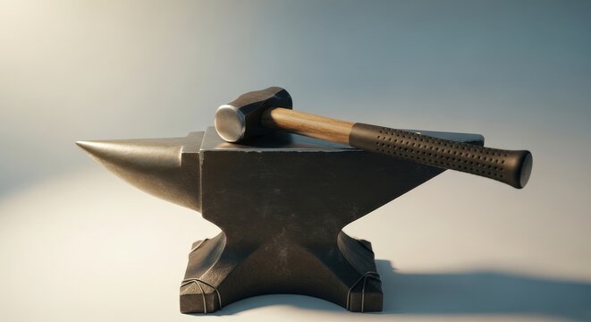 Heavy hammer rests on an anvil, symbolizing blacksmith work and traditional metal crafting. Foundry workshop tools for forging - Powered by Adobe