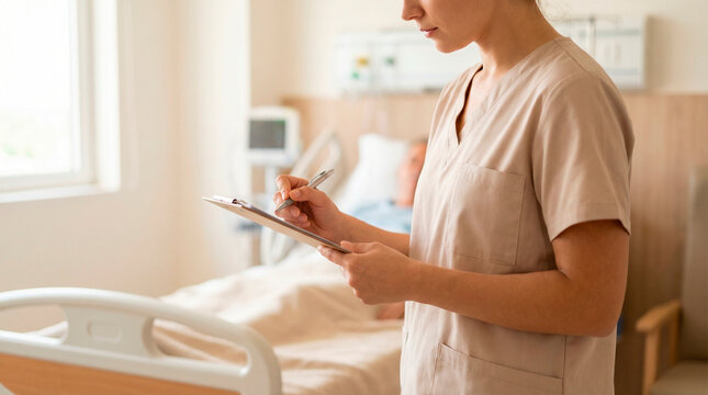 young nurse calmly checking a patient chart beside a hospital bed bright clean room soft natural window light neutral warm tones shallow depth of field medium shot 50mm lens focus on hands and clipboa