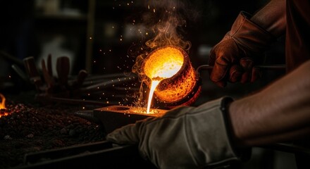 Man casting molten metal in a mold in a dark forge. Foundry worker pours liquid steel from a crucible. Concept of industrial manufacturing