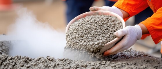 Worker spreads concrete on construction site with level held, preparing unfinished floor for next phase of building project