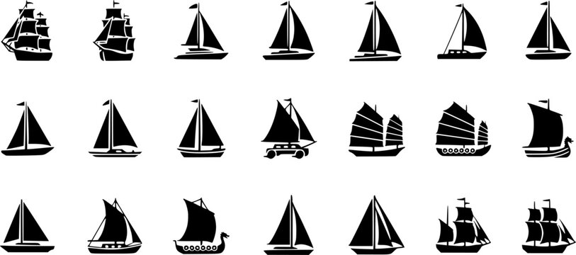 Collection of different ship silhouettes including sailing boats, cargo ships, patrol vessels, and fishing boats, marine transport icons for nautical vector illustrations