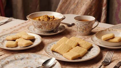 Fine dining table set with cookies, curry, and tea in elegant setting