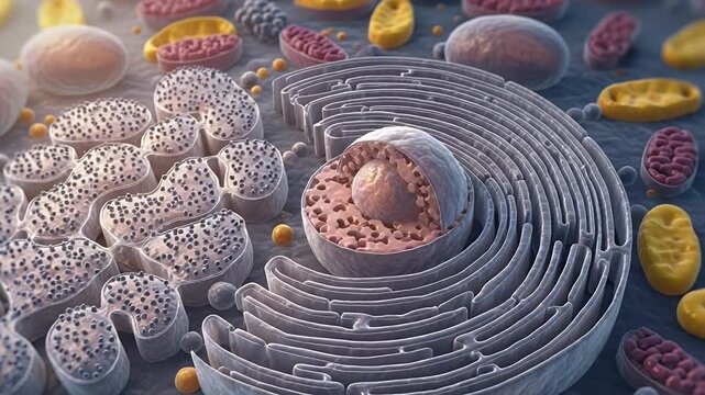 macro spiral organelles in vivid pink purple yellow abstract micro scene