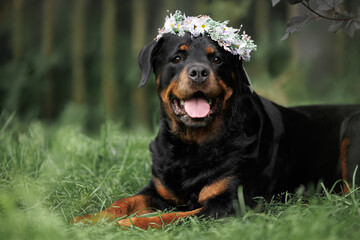 beautiful rottweiler dog in a flower crown lying on grass