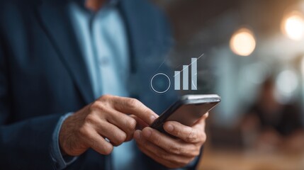 Businessman using smartphone and data icons