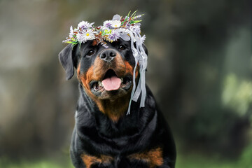 rottweiler dog posing in a flower crown outdoors