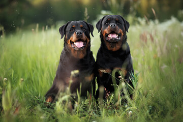 two happy rottweiler dogs sitting on a meadow in summer