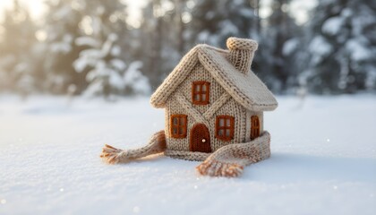 Naklejka premium A knitted house with hands lies in a serene snowy landscape surrounded by frosty trees on a winter morning