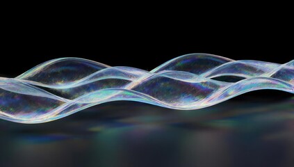 Iridescent, wave-like translucent forms float on a glossy, reflective surface