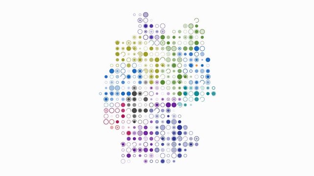 Germany map animation. Shape of the country with pulsating colored dots. Large size circle blocks. Digital style Germany map on white background. Simple video.