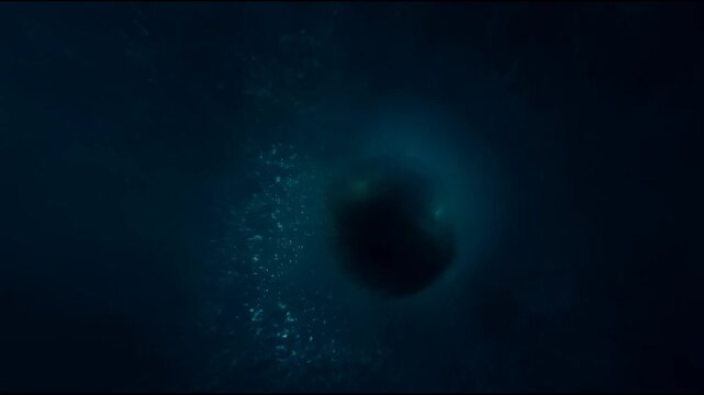 A submarine in the dark depths of the ocean fires a volley of two torpedoes that rush forward, leaving bubbling trails of bubbles behind