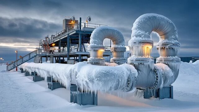 Frozen Pipelines in Industrial Landscape: The frigid embrace of winter encases an industrial landscape, with ice-covered pipelines and infrastructure standing as a testament to the power of nature.