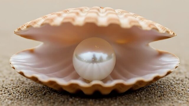 A shimmering, pristine pearl rests elegantly inside an open scallop shell, positioned on a bed of fine, golden sand. The shell's gentle curves and textured exterior beautifully contrast with the pearl