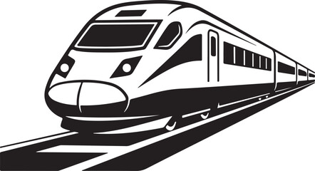 A sleek, modern high-speed train travels on railway tracks in a dynamic black and white illustration