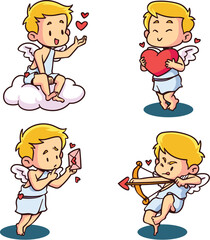 Happy cupid angel cartoon poses romantic valentine design illustration vector