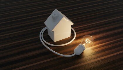A paper house model connected to a power cord with a glowing lightbulb, symbolizing energy and innovation on a dark wooden surface from a top-down viewpoint.