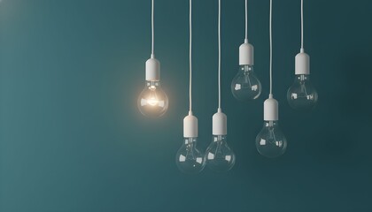 Five hanging light bulbs against a dark teal background with one illuminated from an unseen viewpoint