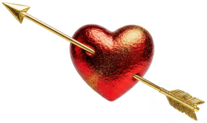 Valentine Sparkling red heart with golden cupid arrow on transparent background, glitter effect