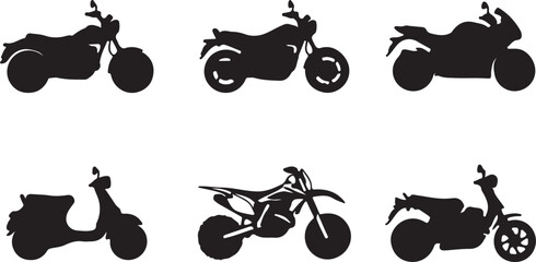 Collection of diverse motorcycle and scooter silhouettes illustrating various styles