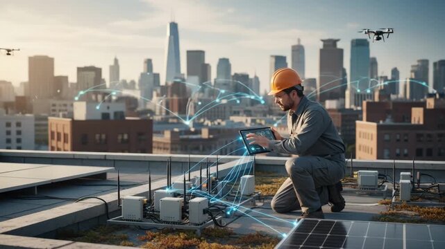 Medium shot of a technician calibrating wireless sensor nodes on an urban rooftop highlighting connectivity and datarich monitoring for sustainable city environments.