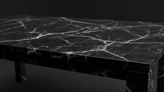 A sleek, dark black marble table with elegant white veining is showcased against a minimalist, dark background. The camera gracefully moves around the sophisticated surface, highlighting its polished 