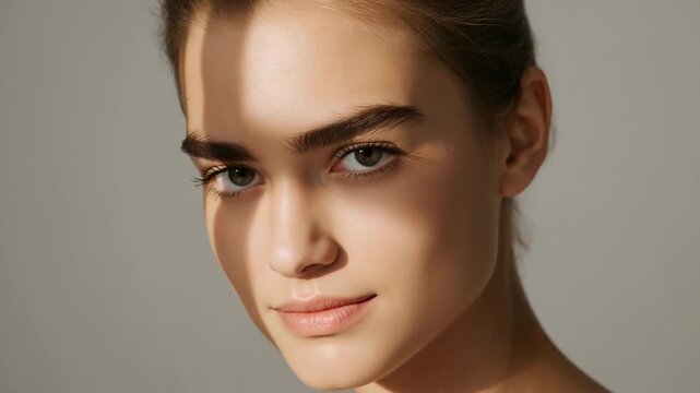 Cam starting, woman strapless posing at studio shifting gaze, tilting vertical shadow crossing face