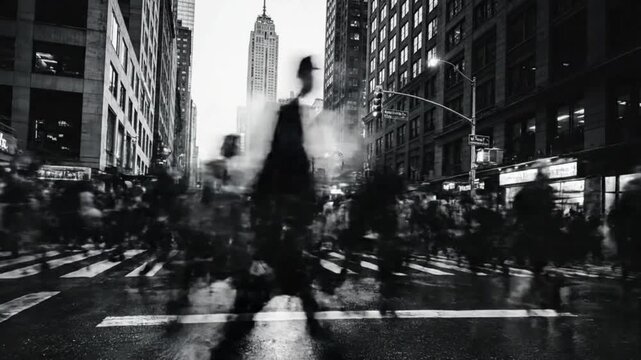Black and White Time Lapse of Crowded New York City Street with Empire State Building