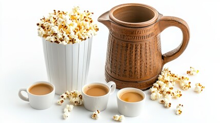 A generous helping of popcorn spills out of a striped container beside steaming coffee cups and a rustic ceramic pitcher on a pristine white surface backdrop.