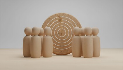 Wooden figurines gathered around a target symbolizing teamwork and strategy in a minimalist setting from a front viewpoint