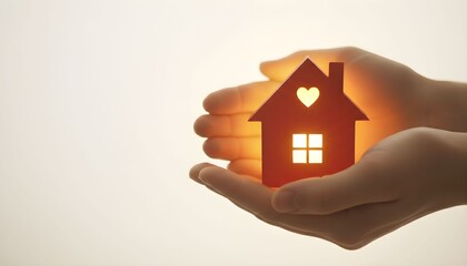 Hands cradling a glowing red house with a heart on its roof, symbolizing care and protection from a caring perspective