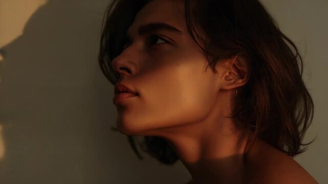 Turning shirtless male model responding to cue, tilting head in studio with warm light and earring