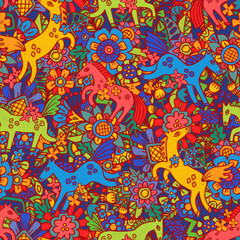 Obraz premium Hand-drawn naive folk art pattern with whimsical horses, floral elements and bold vibrant colors. Inspired by traditional folk illustration and playful fairytale style