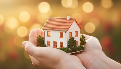 Hands holding a small white house model with red roof and trees, symbolizing home ownership and protection