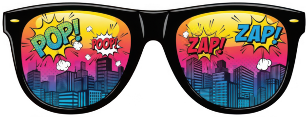 comic sunglasses png pop art eyewear cutout vibrant shades png retro glasses cutout colorful wayfarer png urban reflection cutout graphic city png boom effect isolated transparent background image