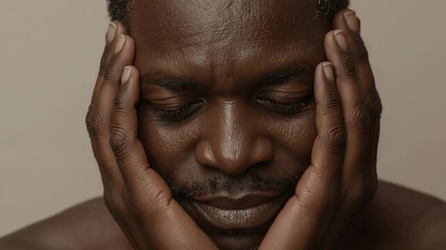 Recording camera capturing bare-chested man cupping face in studio, hands pressing while reflecting
