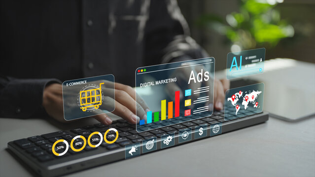 Digital ads concept with advertising platform interface, data analytics and performance dashboard. Modern technology supporting targeted campaigns, optimization and measurable marketing results.