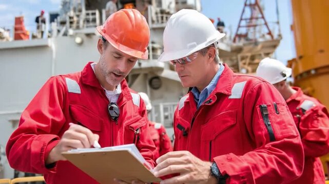 Analyzing Technical Details: Two professionals, in safety attire, collaborate on technical documents, immersed in detail at the worksite.