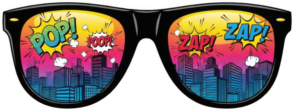 comic sunglasses png pop art eyewear cutout vibrant shades png retro glasses cutout colorful wayfarer png urban reflection cutout graphic city png boom effect isolated transparent background image - Powered by Adobe