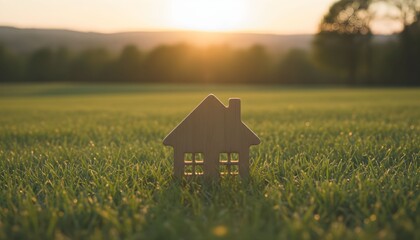 Miniature house model in a serene green meadow at sunset, capturing the essence of peaceful rural life and idyllic landscape
