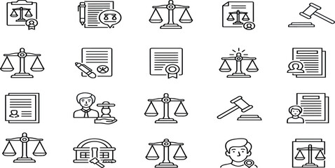 Fototapeta premium Collection of Law and Justice Icons Representing Legal Concepts and Proceedings in a Simple Line Art Style