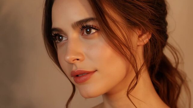 Responding to camera cue, strapless model opening eyes and shifting gaze in studio, ring visible