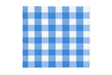 Blue and white gingham fabric square, checkered textile pattern for tablecloths, napkins, or picnic blankets on transparent background