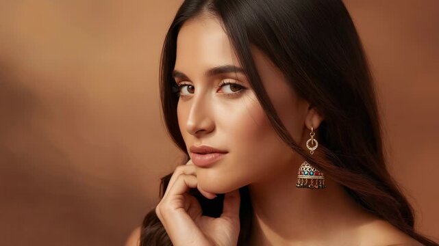 Touching right earring, female model in strapless top adjusting jhumka for portrait pose at studio