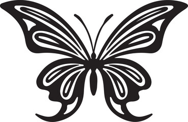 A black and white silhouette of a butterfly with intricate patterns on its wings, showcasing delicate and elegant design.